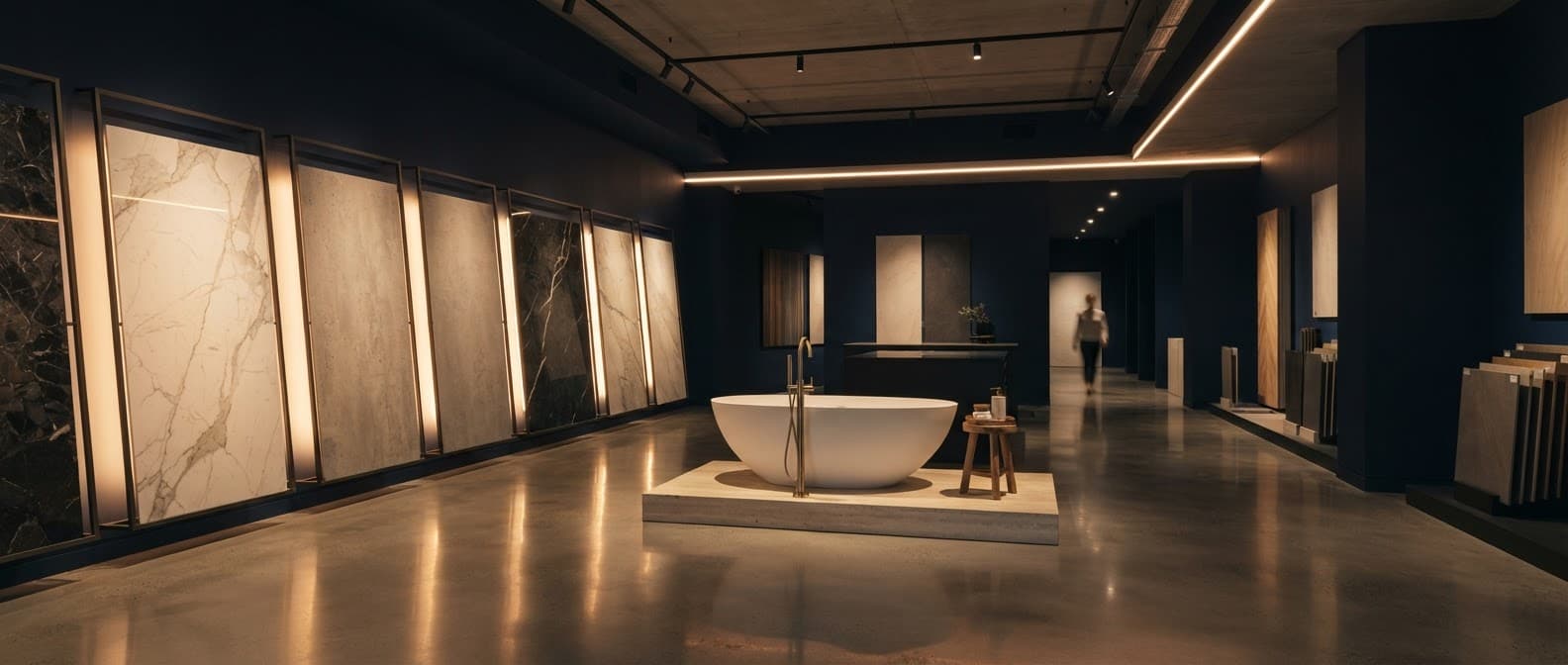 Showroom Samaco con bañera, revestimientos y muestras de gran formato