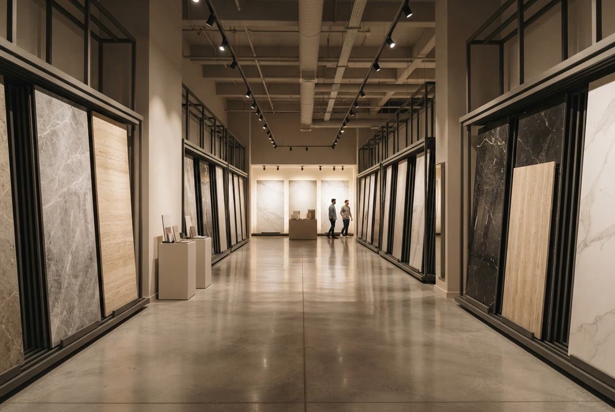 Pasillo del showroom con paneles verticales de porcelanatos y revestimientos